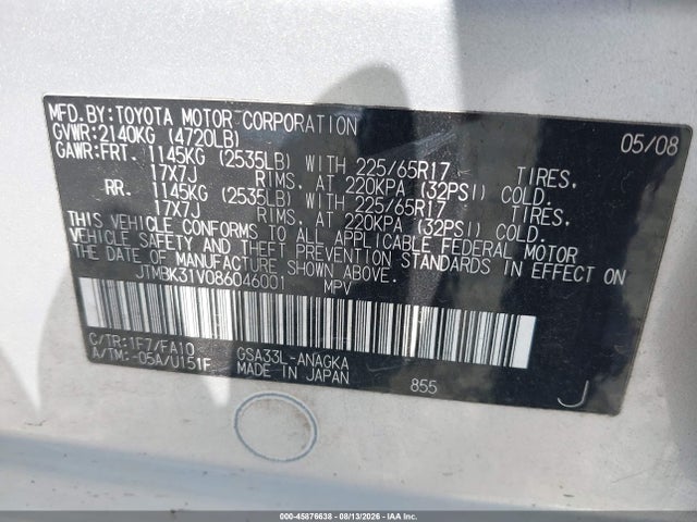Продажа на аукционе авто 2008 Toyota Rav4 Ltd, vin: JTMBK31V086046001, номер лота: 45876638