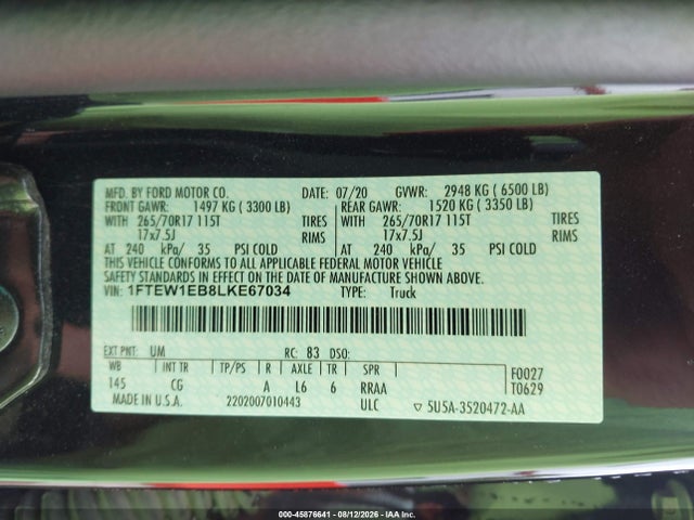 Продаж на аукціоні авто 2020 Ford F-150 Xl, vin: 1FTEW1EB8LKE67034, номер лоту: 45876641