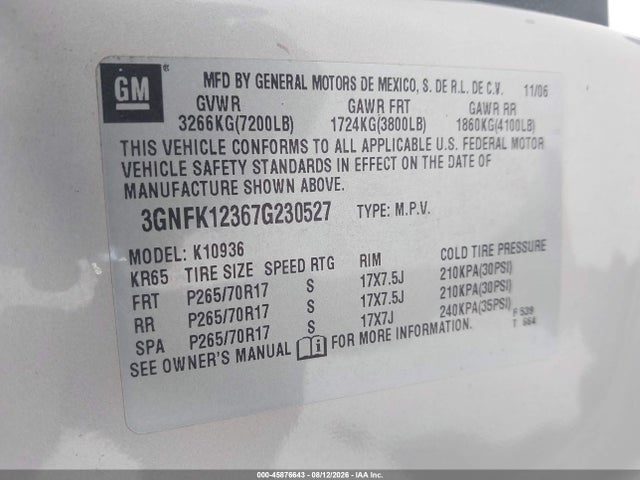 Aukcja sprzedaży 2007 Chevrolet Avalanche 1500 Lt, vin: 3GNFK12367G230527, numer aukcji: 45876643