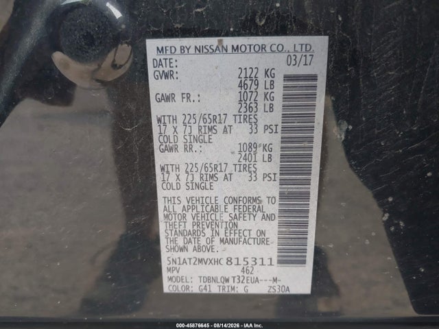 Aukcja sprzedaży 2017 Nissan Rogue Sv, vin: 5N1AT2MVXHC815311, numer aukcji: 45876645
