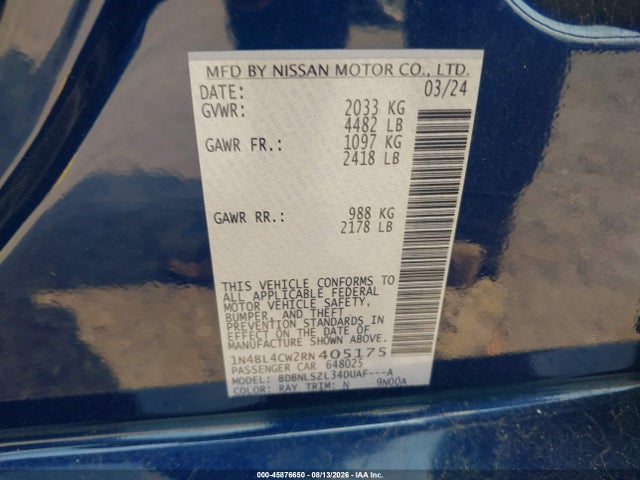 2024 Nissan Altima Sr Intelligent Awd მანქანა იყიდება აუქციონზე, vin: 1N4BL4CW2RN405175, აუქციონის ნომერი: 45876650