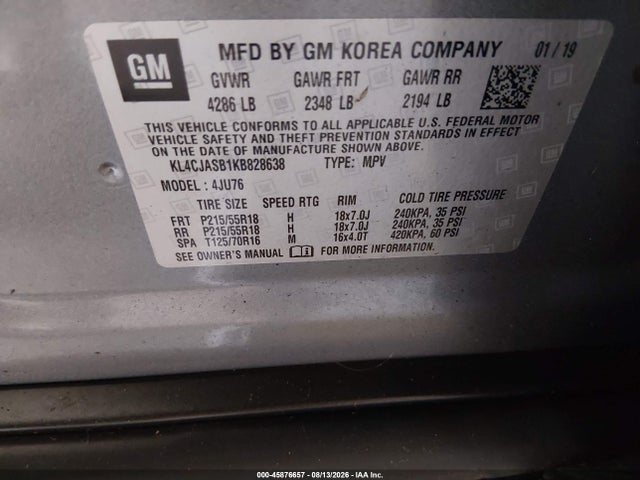 Aukcja sprzedaży 2019 Buick Encore Fwd Preferred, vin: KL4CJASB1KB828638, numer aukcji: 45876657