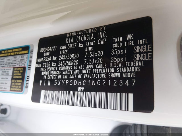 2022 Kia Telluride Sx მანქანა იყიდება აუქციონზე, vin: 5XYP5DHC1NG212347, აუქციონის ნომერი: 45876670