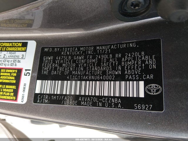 45876673 :رقم المزاد ، 4T1C11AK8NU640002 vin ، 2022 Toyota Camry Le مزاد بيع