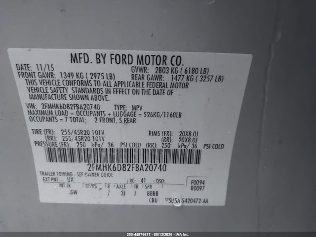 45876677 :رقم المزاد ، 2FMHK6D82FBA20740 vin ، 2015 Ford Flex Limited مزاد بيع
