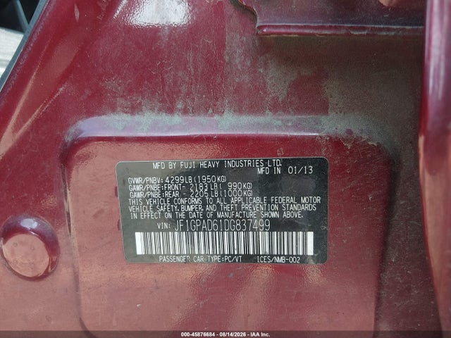 2013 Subaru Impreza 2.0i Premium მანქანა იყიდება აუქციონზე, vin: JF1GPAD61DG837499, აუქციონის ნომერი: 45876684