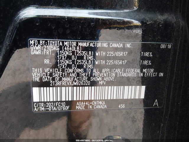 Aukcja sprzedaży 2018 Toyota Rav4 Xle, vin: 2T3RFREVXJW826320, numer aukcji: 45876692