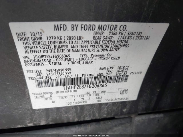 2015 Ford Taurus Sel მანქანა იყიდება აუქციონზე, vin: 1FAHP2E87FG206365, აუქციონის ნომერი: 45876704