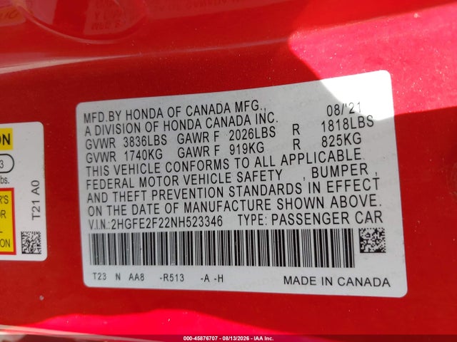 Продажа на аукционе авто 2022 Honda Civic Lx, vin: 2HGFE2F22NH523346, номер лота: 45876707