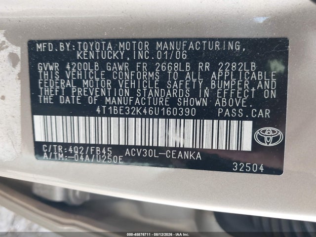 45876711 :رقم المزاد ، 4T1BE32K46U160390 vin ، 2006 Toyota Camry Le مزاد بيع