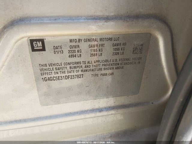 Aukcja sprzedaży 2013 Buick Lacrosse Leather Group, vin: 1G4GC5E31DF237827, numer aukcji: 45876713