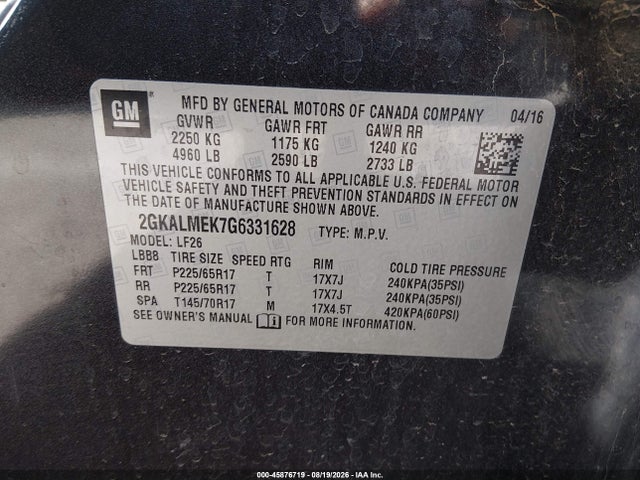 Продаж на аукціоні авто 2016 Gmc Terrain Sle-1, vin: 2GKALMEK7G6331628, номер лоту: 45876719