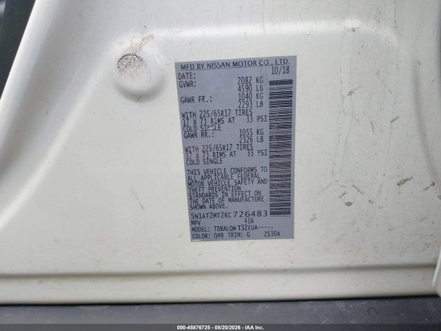 45876725 :رقم المزاد ، 5N1AT2MT2KC726483 vin ، 2019 Nissan Rogue Sv مزاد بيع