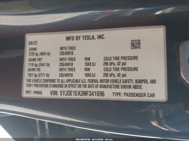 Tesla Model 3 Rear-wheel Drive 2022 5YJ3E1EA3NF341696 Image 9