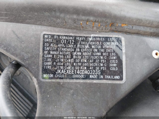 Продажа на аукционе авто 2012 Kawasaki Ex650 Ec, vin: JKAEXEE14CDA03235, номер лота: 45876744