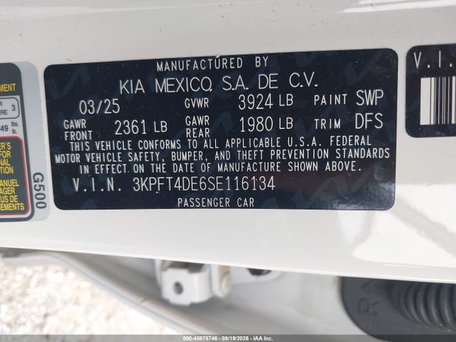45876746 :رقم المزاد ، 3KPFT4DE6SE116134 vin ، 2025 Kia K4 Lxs مزاد بيع