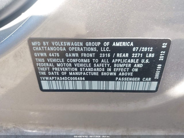 2013 Volkswagen Passat 2.5l S მანქანა იყიდება აუქციონზე, vin: 1VWAP7A34DC005494, აუქციონის ნომერი: 45876762