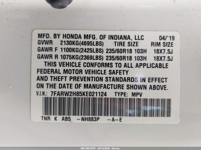 Auction sale of the 2019 Honda Cr-v Ex-l, vin: 7FARW2H85KE021124, lot number: 45876767