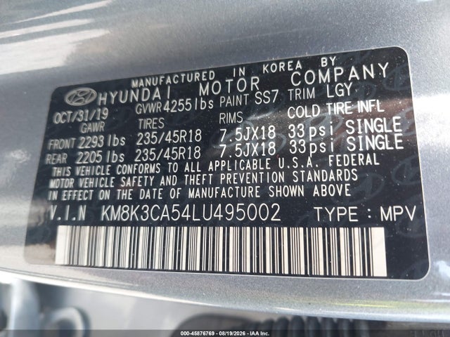 2020 Hyundai Kona Limited მანქანა იყიდება აუქციონზე, vin: KM8K3CA54LU495002, აუქციონის ნომერი: 45876769