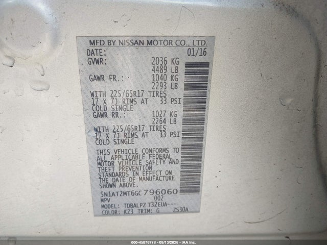 45876778 :رقم المزاد ، 5N1AT2MT6GC796060 vin ، 2016 Nissan Rogue S/sl/sv مزاد بيع