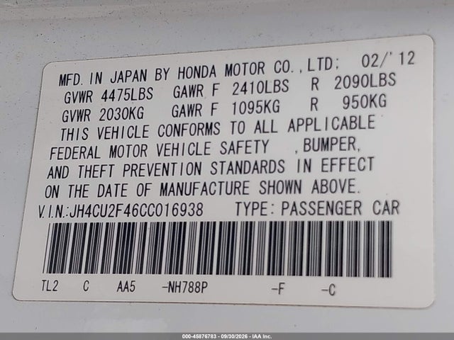 Продажа на аукционе авто 2012 Acura Tsx 2.4, vin: JH4CU2F46CC016938, номер лота: 45876783