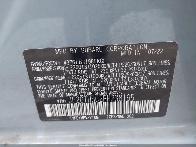 45876785 :رقم المزاد ، JF2GTHSC2PH238165 vin ، 2023 Subaru Crosstrek Sport مزاد بيع