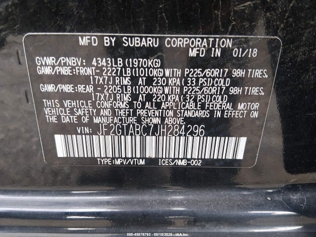 Aukcja sprzedaży 2018 Subaru Crosstrek 2.0i Premium, vin: JF2GTABC7JH284296, numer aukcji: 45876793