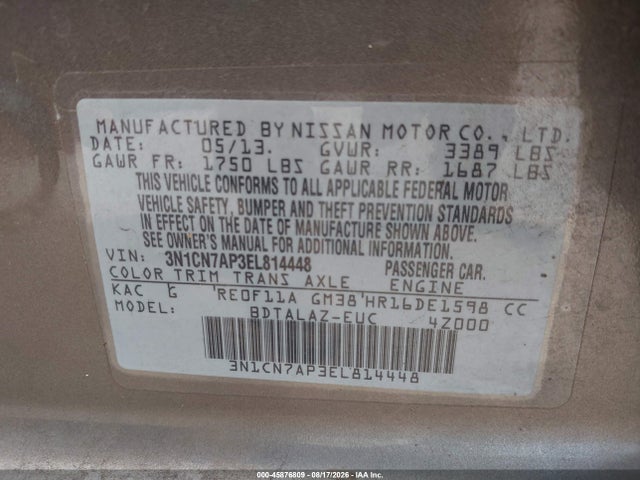45876809 :رقم المزاد ، 3N1CN7AP3EL814448 vin ، 2014 Nissan Versa 1.6 S+ مزاد بيع