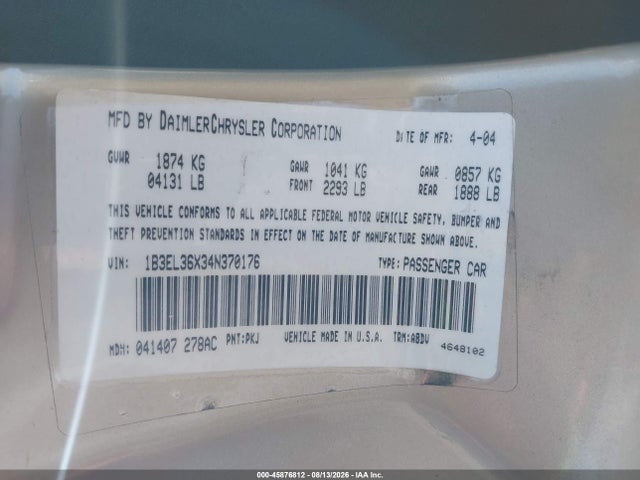 Aukcja sprzedaży 2004 Dodge Stratus Se, vin: 1B3EL36X34N370176, numer aukcji: 45876812