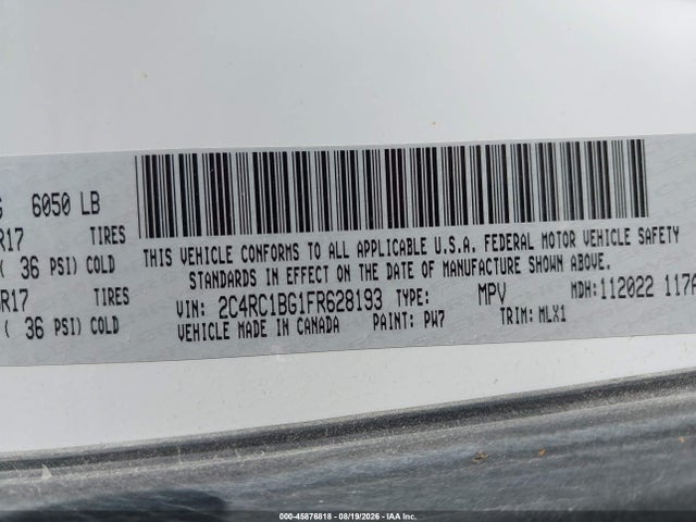 45876818 :رقم المزاد ، 2C4RC1BG1FR628193 vin ، 2015 Chrysler Town & Country Touring مزاد بيع
