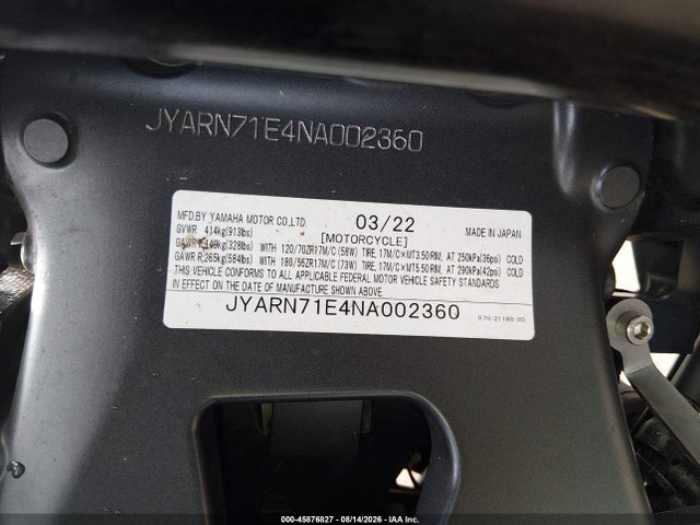 Aukcja sprzedaży 2022 Yamaha Mt09, vin: JYARN71E4NA002360, numer aukcji: 45876827