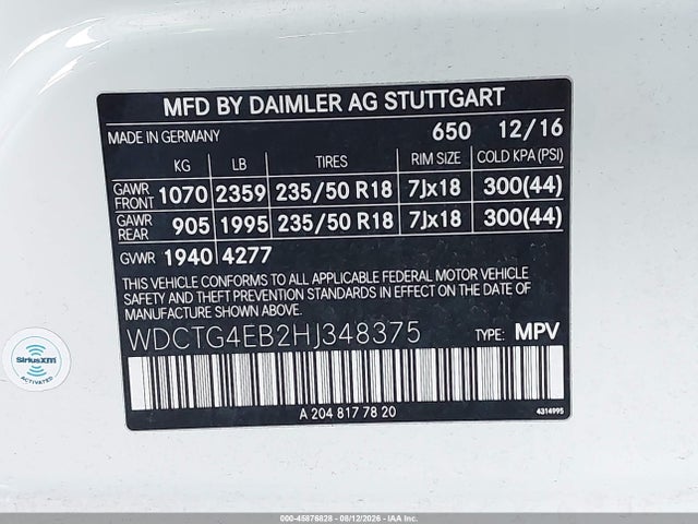 Aukcja sprzedaży 2017 Mercedes-benz Gla 250, vin: WDCTG4EB2HJ348375, numer aukcji: 45876828