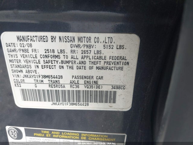 Продажа на аукционе авто 2008 Infiniti M35x, vin: JNKAY01F38M654428, номер лота: 45876841