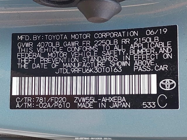 45876842 :رقم المزاد ، JTDL9RFU6K3010163 vin ، 2019 Toyota Prius Le مزاد بيع