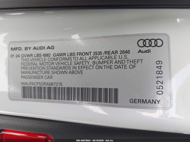 45876853 :رقم المزاد ، WAUFACF52RA067215 vin ، 2024 Audi A5 Sportback Premium Plus 45 Tfsi Quattro S Tronic مزاد بيع