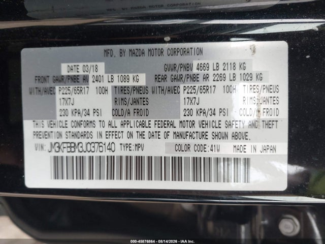 45876864 :رقم المزاد ، JM3KFBBM3J0376140 vin ، 2018 Mazda Cx-5 Sport مزاد بيع