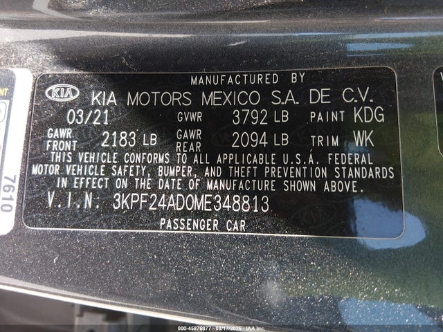Продажа на аукционе авто 2021 Kia Forte Lxs, vin: 3KPF24AD0ME348813, номер лота: 45876877