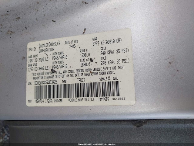 Aukcja sprzedaży 2005 Dodge Dakota Slt, vin: 1D3HE48KX5S353429, numer aukcji: 45876892