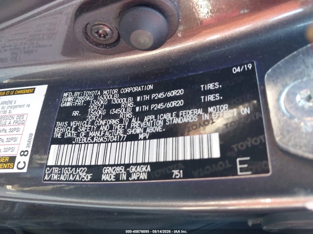 45876895 :رقم المزاد ، JTEBU5JR6K5704177 vin ، 2019 Toyota 4runner Limited Nightshade مزاد بيع