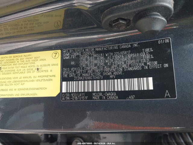 2006 Lexus Rx 330 მანქანა იყიდება აუქციონზე, vin: 2T2HA31U46C104679, აუქციონის ნომერი: 45876900
