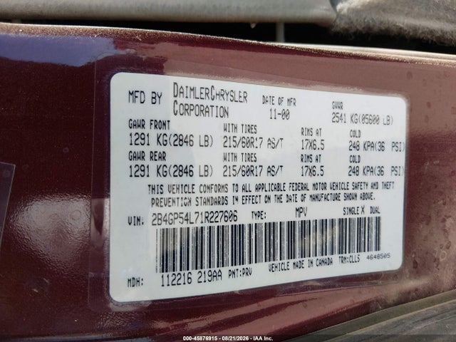 Продаж на аукціоні авто 2001 Dodge Grand Caravan Es, vin: 2B4GP54L71R227606, номер лоту: 45876915