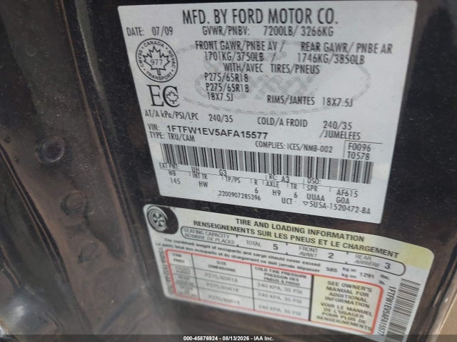 45876924 :رقم المزاد ، 1FTFW1EV5AFA15577 vin ، 2010 Ford F-150 Fx4/harley-davidson/king Ranch/lariat/platinum/xl/xlt مزاد بيع
