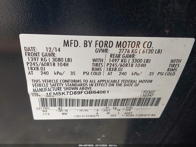 Aukcja sprzedaży 2015 Ford Explorer Xlt, vin: 1FM5K7D89FGB64061, numer aukcji: 45876926