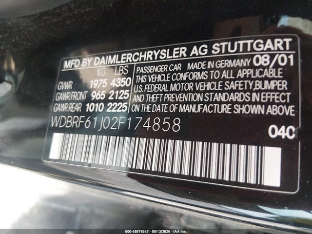 45876947 :رقم المزاد ، WDBRF61J02F174858 vin ، 2002 Mercedes-benz C 240 مزاد بيع