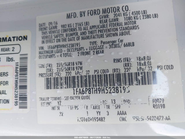 45876959 :رقم المزاد ، 1FA6P8TH9H5238195 vin ، 2017 Ford Mustang Ecoboost مزاد بيع