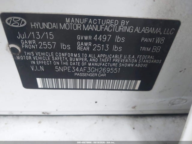 2016 Hyundai Sonata Sport მანქანა იყიდება აუქციონზე, vin: 5NPE34AF3GH269551, აუქციონის ნომერი: 45876966