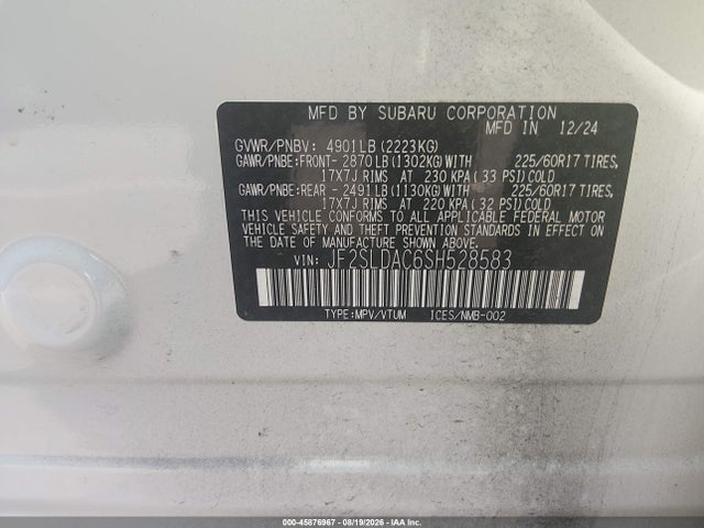 Продаж на аукціоні авто 2025 Subaru Forester, vin: JF2SLDAC6SH528583, номер лоту: 45876967