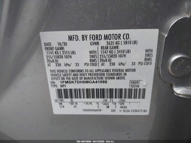 Aukcja sprzedaży 2021 Ford Explorer Xlt, vin: 1FMSK7DH6MGA41088, numer aukcji: 45876969
