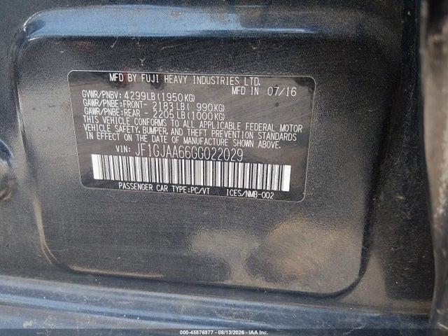 Aukcja sprzedaży 2016 Subaru Impreza 2.0i, vin: JF1GJAA66GG022029, numer aukcji: 45876977