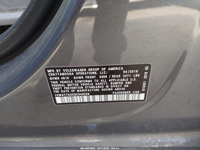 Продажа на аукционе авто 2016 Volkswagen Passat 1.8t S, vin: 1VWAT7A3XGC049239, номер лота: 45876982